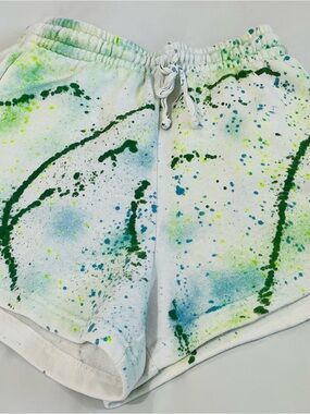 Aviator Nation White Shorts with Green, Blue & Neon Yellow Splatter